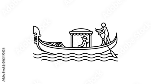 Traditional Venetian gondola boat with gondolier line art illustration.