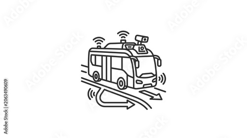 Smart autonomous shuttle bus driving on urban road icon.