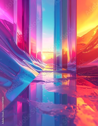 A surreal, colorful landscape with abstract structures