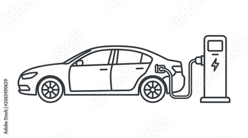 Electric car charging at EV station line art icon.