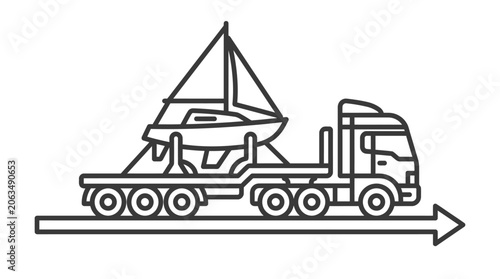 Transport truck carrying sailboat on trailer line art.
