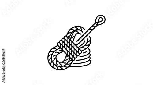 Coiled marine rope with metal hook for maritime use.