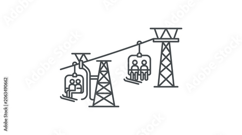 Ski chairlift with people line art icon.