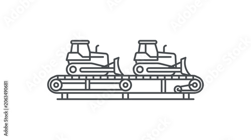 Dual bulldozer unit production line in industrial factory.