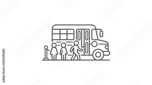 Children boarding school bus side view line icon.