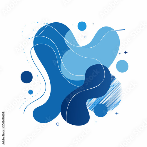 Abstract Blue Fluid Shapes and Lines on White Background