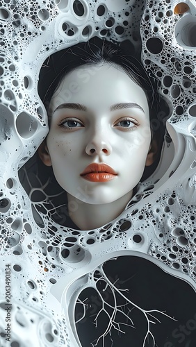 A woman's face surrounded by white foam