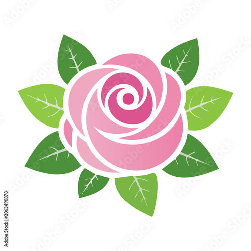 Flat design pink flower with green leaves