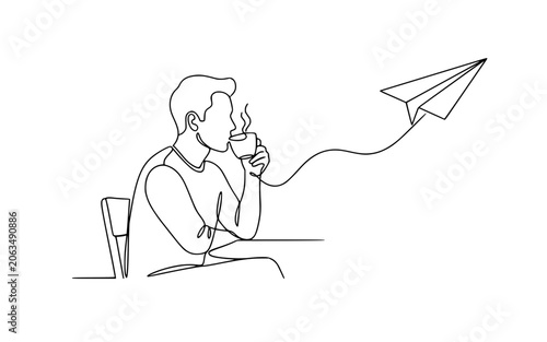 Continuous Line Drawing Businessman Drinking Coffee and Launching Ideas