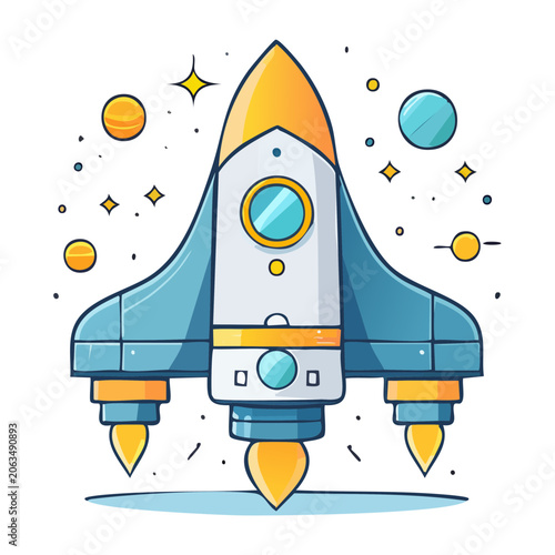 Flat design rocket with planets and stars