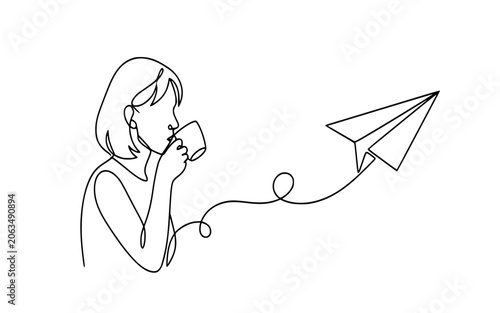 Continuous One Line Drawing Woman Drinking Coffee with Paper Airplane Concept
