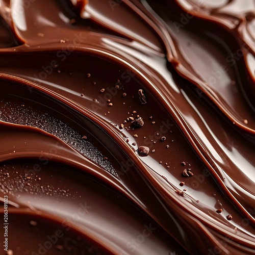 Close-up of rich, smooth, melted chocolate with wavy, glossy texture