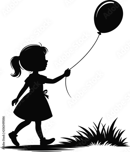 Obraz na plátně Silhouette of a young girl walking with a balloon in a grassy field during dayli