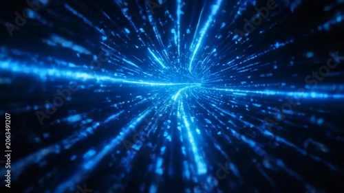 Blue light streaks in space technology.