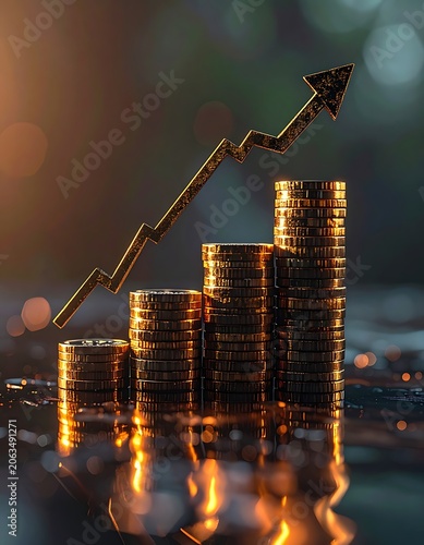 Golden coins stacked with rising arrow
