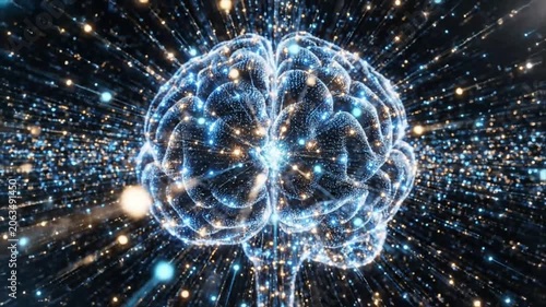 Futuristic artificial intelligence brain made of glowing neural networks and electric data connections, blue and white energy pulses flowing through billions of synapses, ultra detailed 4K motion grap