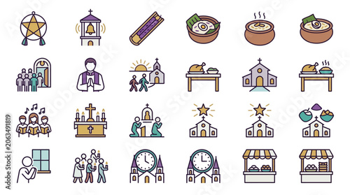 Colorful icons depicting community events and gatherings