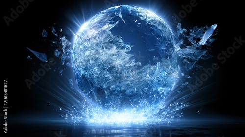 Glowing blue crystal sphere shattering into ice shards and energy particles with bright light reflections on a dark surface