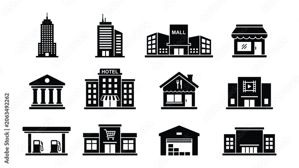Obraz premium Collection of commercial building silhouettes in various styles during daytime isolated on white background