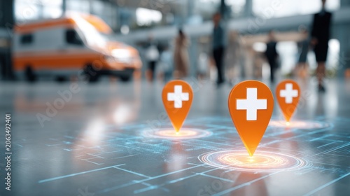 Healthcare facility navigation with orange medical cross pins on a digital grid floor