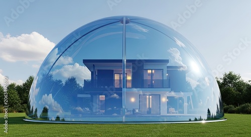 A modern, two-story house is enclosed within a transparent, geodesic dome. The dome is situated on a lush green lawn, with a clear blue sky and fluffy white clouds in the background.