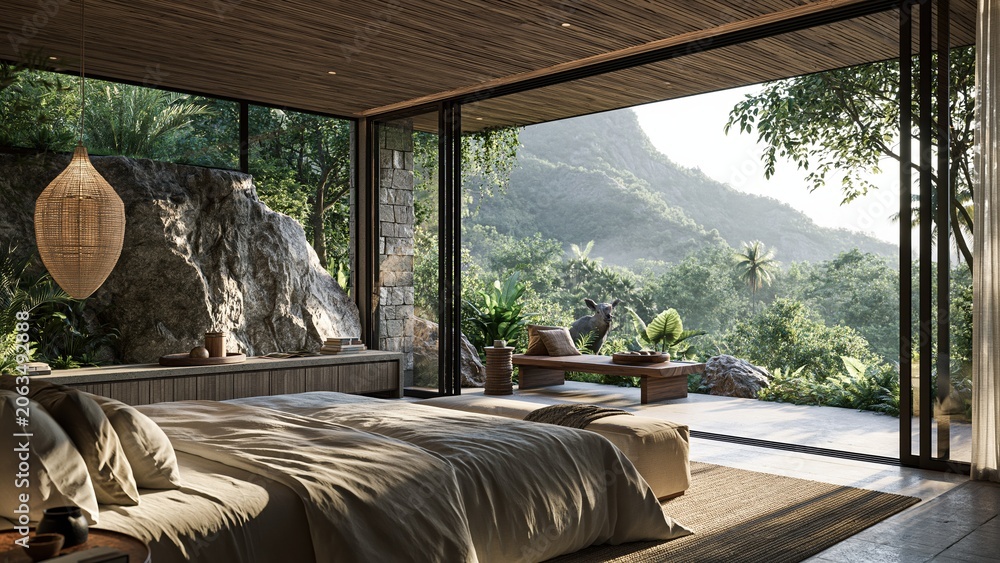 Fototapeta premium Luxury tropical bedroom with open veranda and mountain view