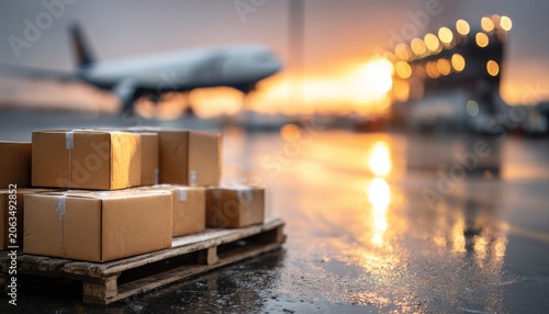 Stacked cardboard boxes on a wooden pallet at an airport cargo area with a blurred airplane in the