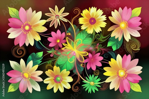 A bunch of colorful flowers on a black background