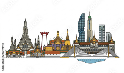 Bangkok Thailand Landmark Skyline Vector Illustration with Famous Travel Attractions