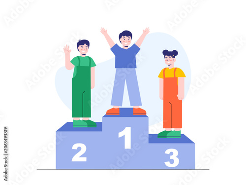 A three children standing on a blue three-tiered podium to celebrate winning first, second, and third place. Human numbers illustrations. Flat vector concepts.