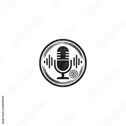 Black microphone icon with sound waves and brain