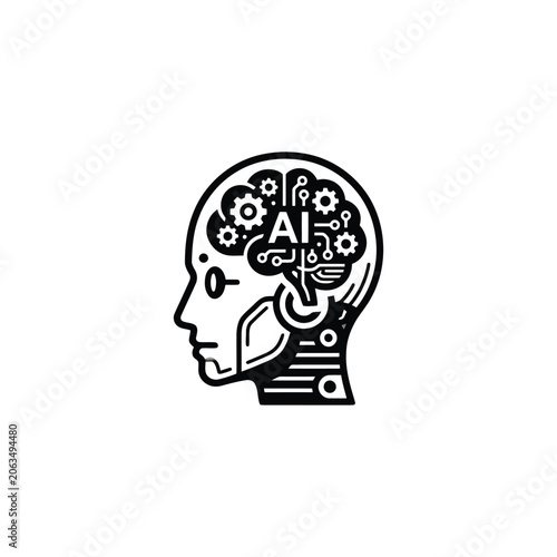 Black and white ai robot head with gears