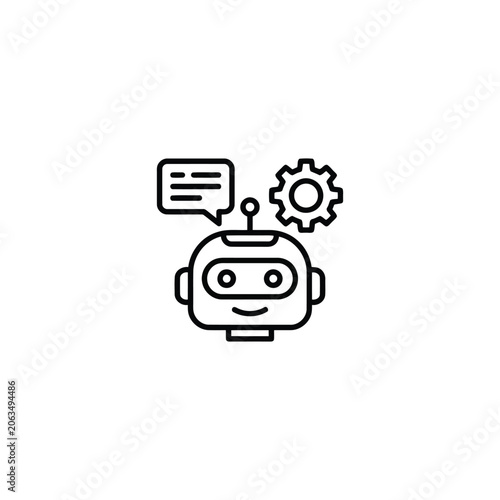 Smiling robot icon with chat bubble and gear