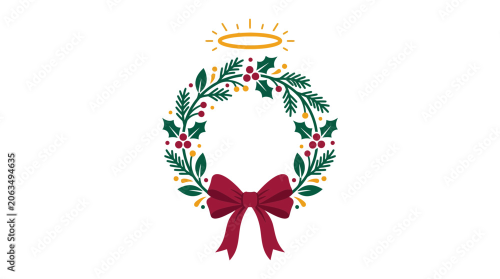 Obraz premium Christmas wreath with red bow and golden halo icon.