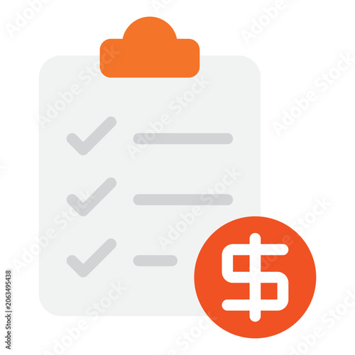 Flat vector illustration of a checklist clipboard with check marks and a dollar sign, suitable for finance, budgeting, and task management designs.