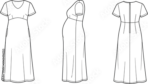 Photos Maternity maxi dress fashion technical sketch template vector illustration showi