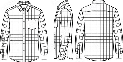 Slika na platnu Men plaid button down shirt fashion technical sketch template vector illustratio