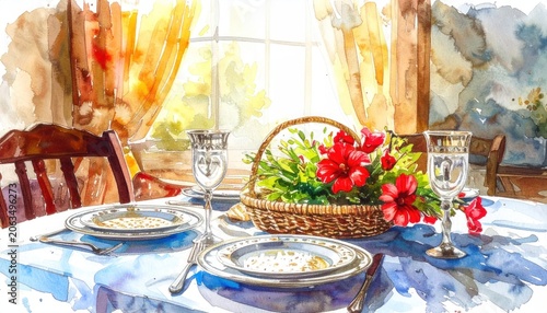 Watercolor painting of a beautifully set dining table with flowers.
