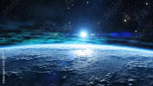 Earth from space with sunlight shining.