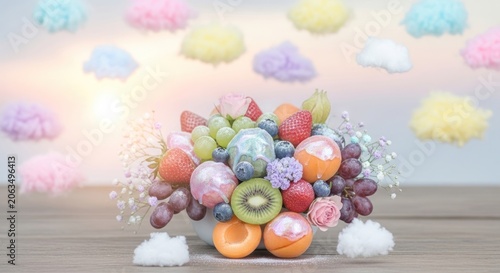 Whimsical Fruit Arrangement with Pastel Clouds and Sparkles.
