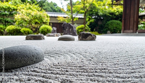 Zen Garden Raked Sand and Stones Tranquil Landscape.