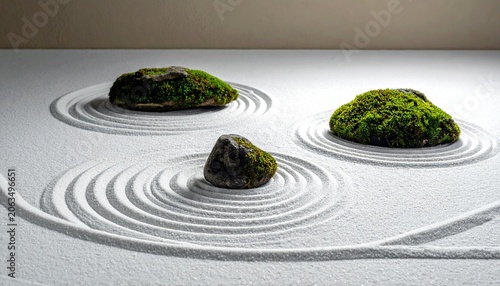 Zen Garden Stones with Raked Sand Patterns.