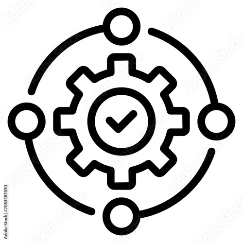 Flat vector illustration of an orange gear with a check mark inside, surrounded by four connected orange dots, suitable for business and technology design.
