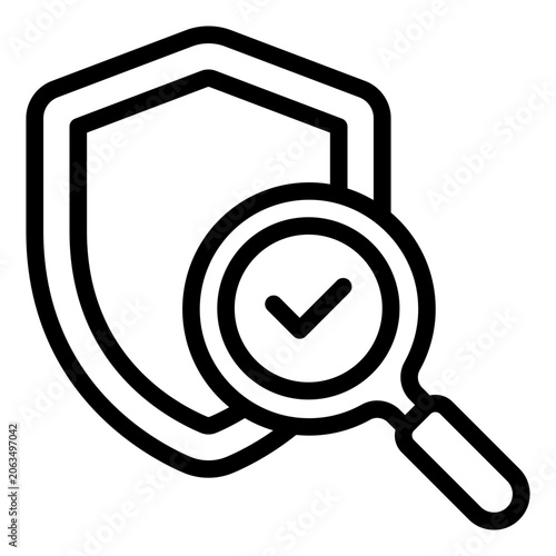 Flat vector illustration of a shield with a magnifying glass showing a check mark, suitable for security, verification, and protection concepts in web design and marketing.