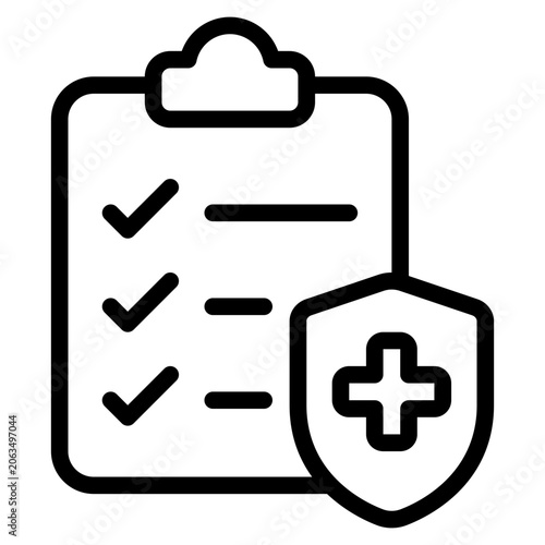 Flat vector illustration of a checklist with check marks and a shield featuring a medical cross, suitable for healthcare, safety, and medical presentations or infographics.