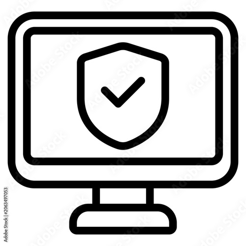 Flat vector illustration of an orange computer monitor displaying a red shield with a white checkmark, symbolizing digital security and protection for web design or marketing.