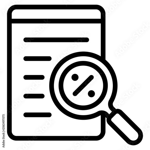 Illustration of a magnifying glass highlighting a percentage symbol on a document, suitable for finance, analysis, or data review designs.