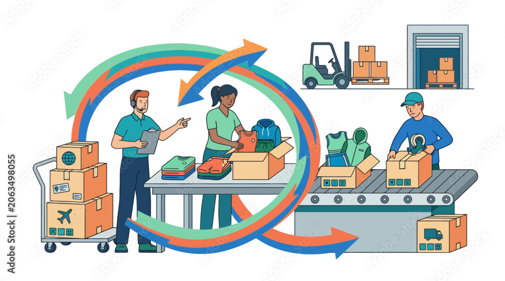 Naklejka premium Logistics warehouse workers packing boxes and managing inventory with conveyor belt and forklift illustration. EPS Editable. Vector Illustrations.