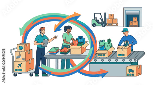 Logistics warehouse workers packing boxes and managing inventory with conveyor belt and forklift illustration. EPS Editable. Vector Illustrations.