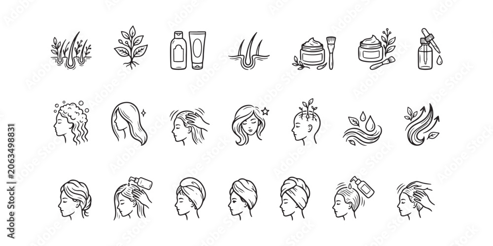 Fototapeta premium Organic Hair Care Routine and Natural Scalp Treatment Hand Drawn Sketch Vector Icon Set